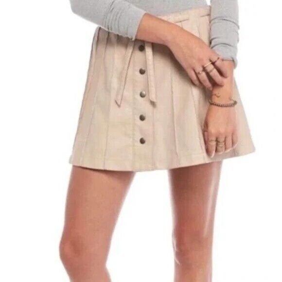 Free People Vegan Leather Beige Button Front A-Line Skirt Size 4 - Picture 2 of 6
